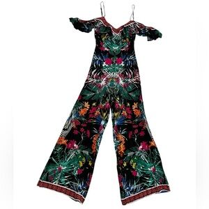 Flying Tomato Women's Black Floral Tropical Ruffle Summer Jumpsuit Size XS